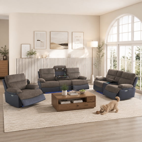 Power Recliner Sofa Set with LED, 3 Piece Living Room Furniture Set, Reclining Couch Set 3 Seat Sofa Loveseat and Chair for Living Room with USB Port/Reading Light/Storage (Brown)
