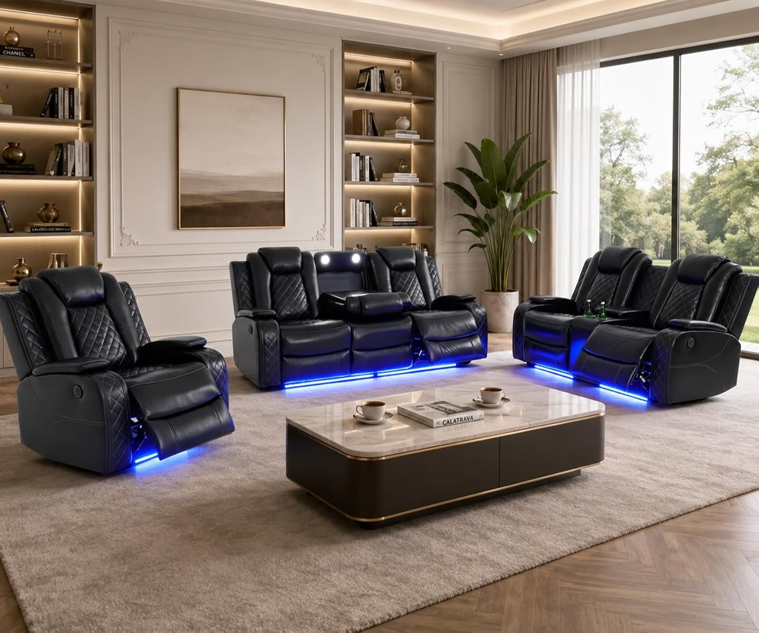 Power Reclining Leather Sofa Set, 3 Pieces Living Room Couch with LED, USB Ports, Cup Holders and Armrest Storage, Black