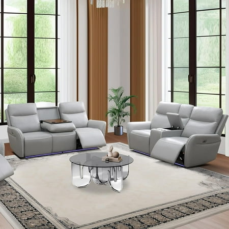 Power Recliner Sofa Set with LED, Breathing Leather Reclining Sofa Set, Living Room Set Recliner Couch Loveseat with USB Port/Cup Holder/Storage for Living Room (Sofa and Loveseat, Light Grey)