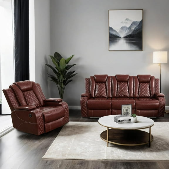 Power Recliner Sofa Set with LED, Leather Reclining Sofa and Chair Set, Living Room Furniture Set with USB Charging (Leather Sofa and Chair Set, Garnet)