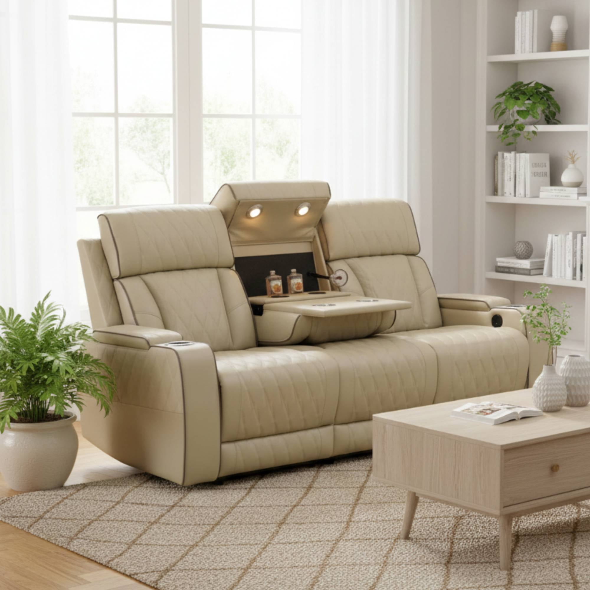 Power Recliner Sofa Set, Leather 3 Seater Recliner Sofa Couch, Adjustable Power Reclining Sofa Chair for Living Room, Beige