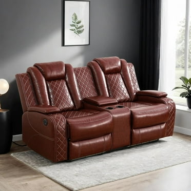 Power Recliner Sofa Set with LED, Leather Reclining Sofa Living Room Furniture Set with USB Charging (Leather Loveseat,Garnet)