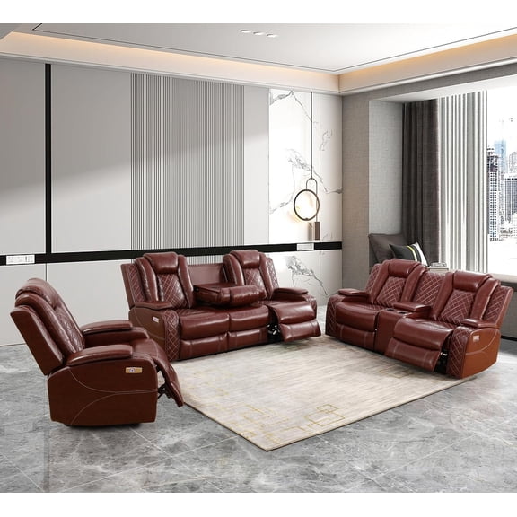 Power Recliner Sofa Set with LED, Leather Reclining Sofa Set, Living Room Furniture Set with USB Charging (3 Pieces Leather Couch Set, Garnet)