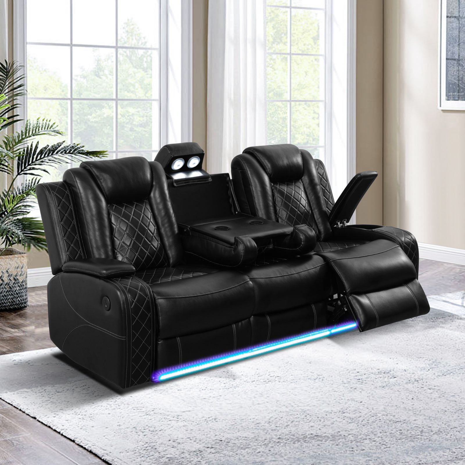 Power Recliner Sofa Set with LED Lights, Air Leather Home Theater Seating with USB Ports, Cup Holders, Hidden Storage, Black