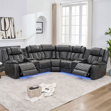 Power Recliner Sofa Sets with Speaker for Living Room Gray Faux Leather Electric Home Theater Seating Reclining Sofa with Console Storage,LED Lights,USB Port,Cup Holders
