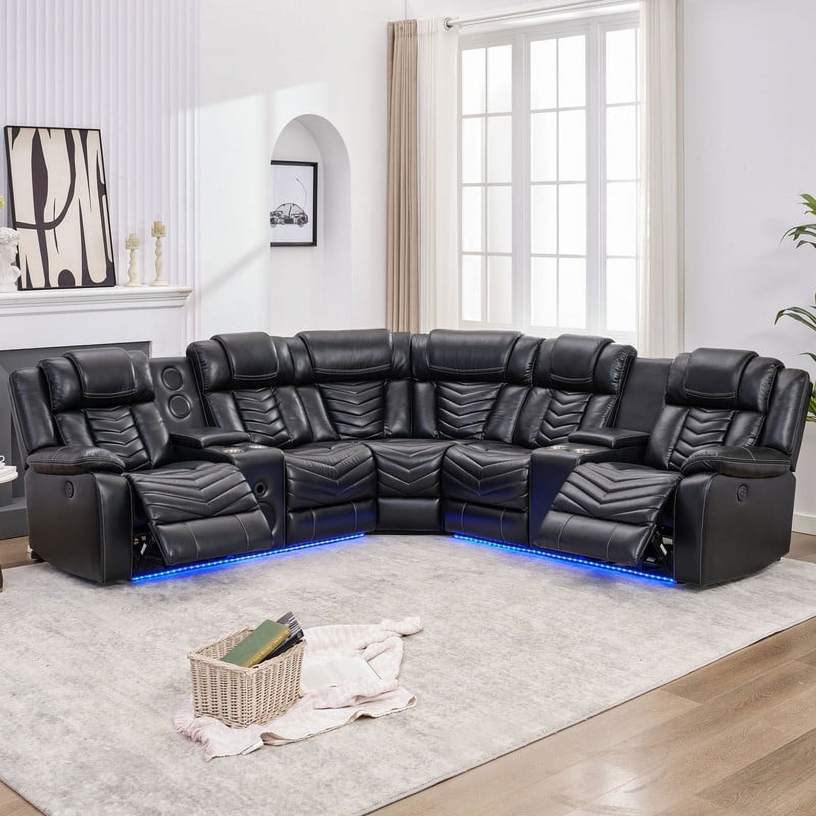 Living Room Furniture Black Leather Sofa Recliner Set Loveseat