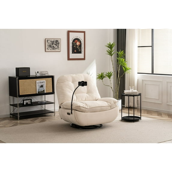 Power Recliner Swivel Glider Chair with USB Charger and Bluetooth Music Player for Sleep Working Game and Leisure Model, Linen, Cream