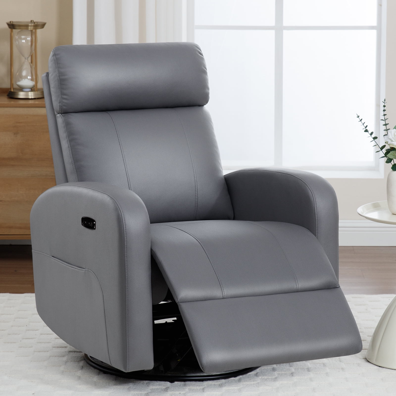 Gray Faux Leather Swivel Rocker Recliner with USB Port