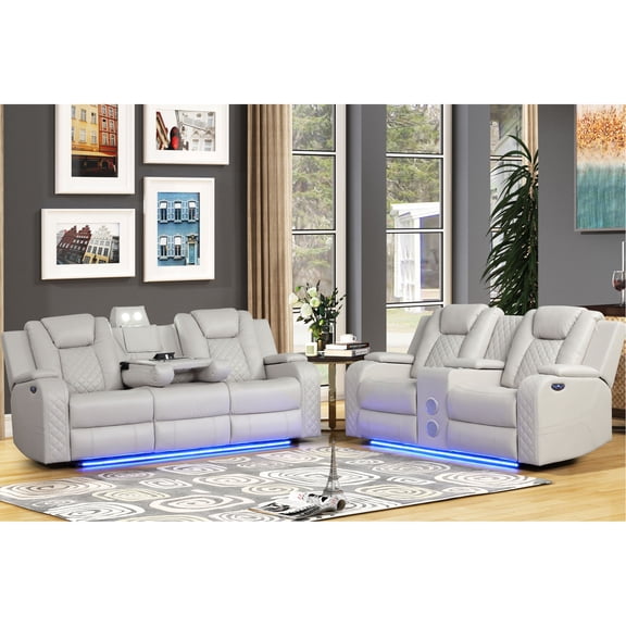 Power Reclining 2-Pc Set, Faux Leather with Pebbled Effect / Integrated Cup Holders and Wireless Charging