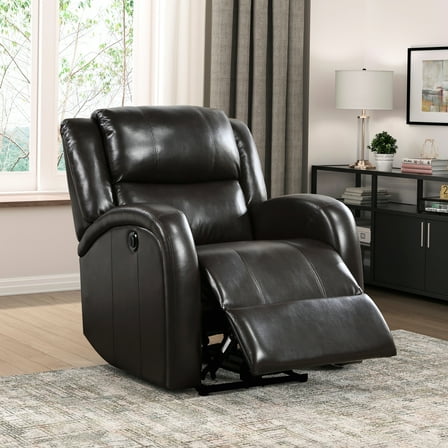 Power Reclining Living Room Chair - Brown Faux Leather Upholstery, Solid Wood Frame Modish Recliner With Foundation