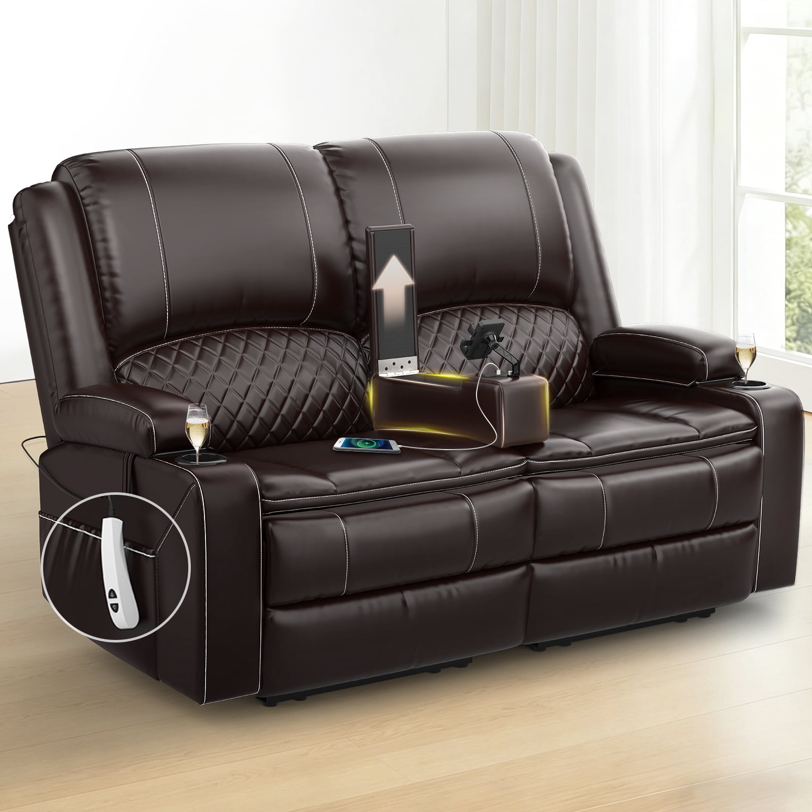 Power Reclining Loveseat for Home Theater & RV, Wall-Hugger Design with USB Charging, Storage Console, Removable Armrests & Double Cushions, Faux Leather Brown