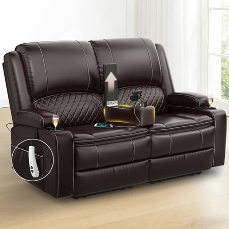 Power Reclining Loveseat for Home Theater & RV, Wall-Hugger Design with USB Charging, Storage Console, Removable Armrests & Double Cushions, Faux Leather Brown