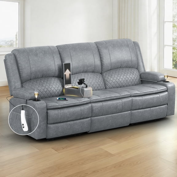 Power Reclining Loveseat Sofa 3 Seater, Electric Recliner with Removable Armrest and Liftable Console, Wall Hugger Zero Gravity Recliner with Storage, USB & RGB, Pu Gray