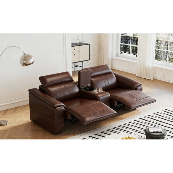 Power Reclining Loveseat Sofa, Adjustable Headrest Faux Leather Sectional Sofa with Storage Console, Cup Holders & USB Ports, Modern Living Room Furniture