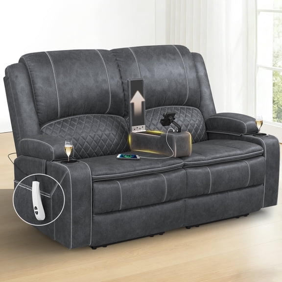Power Reclining Loveseat for Home Theater RV with USB Charging, Storage Console, Removable Armrests, Wall-Hugger Design Velvet Grey