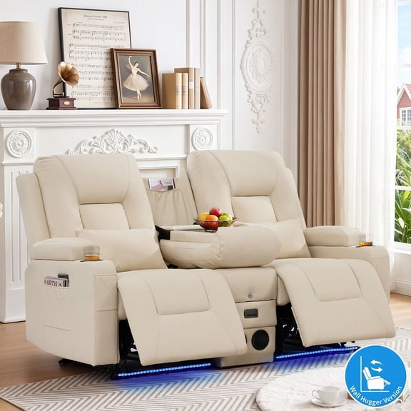 Power Reclining Loveseat with Console, Wall Hugger RV Sofa with LED Lights Bluetooth Speakers, PVC Faux Leather, Cream