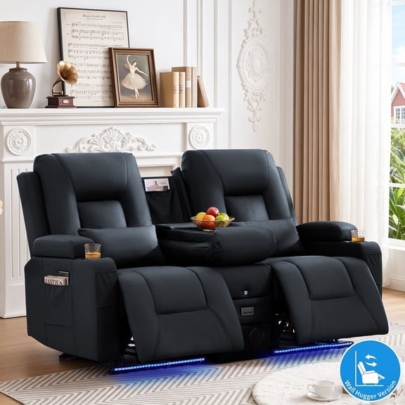 Power Reclining Loveseat with Console, Wall Hugger RV Sofa with LED Lights Bluetooth Speakers, Faux Leather, Matte Black