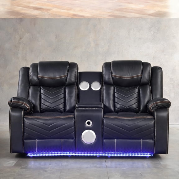 Power Reclining Loveseat with Storage Console, Classic Black Faux Leather, Bluetooth Speakers, LED Lighting, 2-Seater