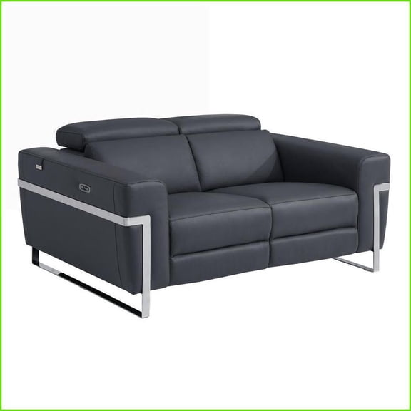 Power Reclining Loveseat with USB Charger, Top Grain Italian Leather & Kiln-Dried Hardwood Frame | Dark Grey | Leather