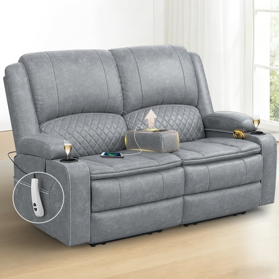 Power Reclining Loveseat with USB Port, Storage Console, Removable Armrests, Wall-Hugger Design, Double Cushions Faux Leather, Light Gray