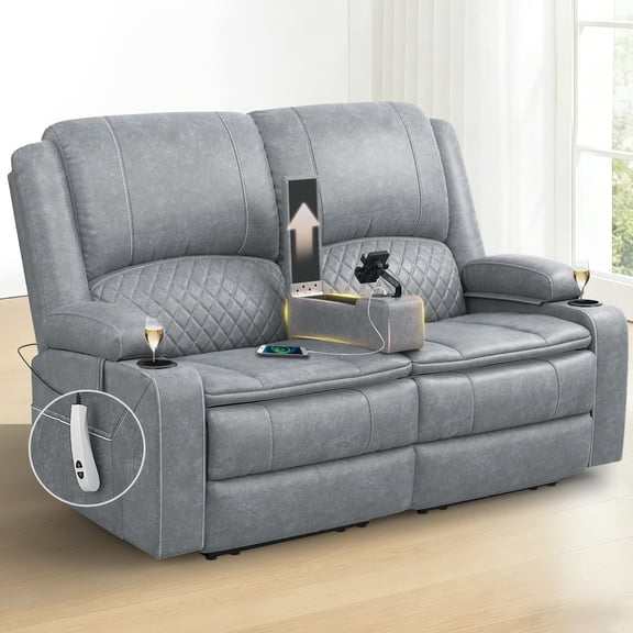 Power Reclining Loveseat with USB Port, Storage Console, Removable Armrests, Wall-Hugger Design, Double Cushions Faux Leather, Light Gray