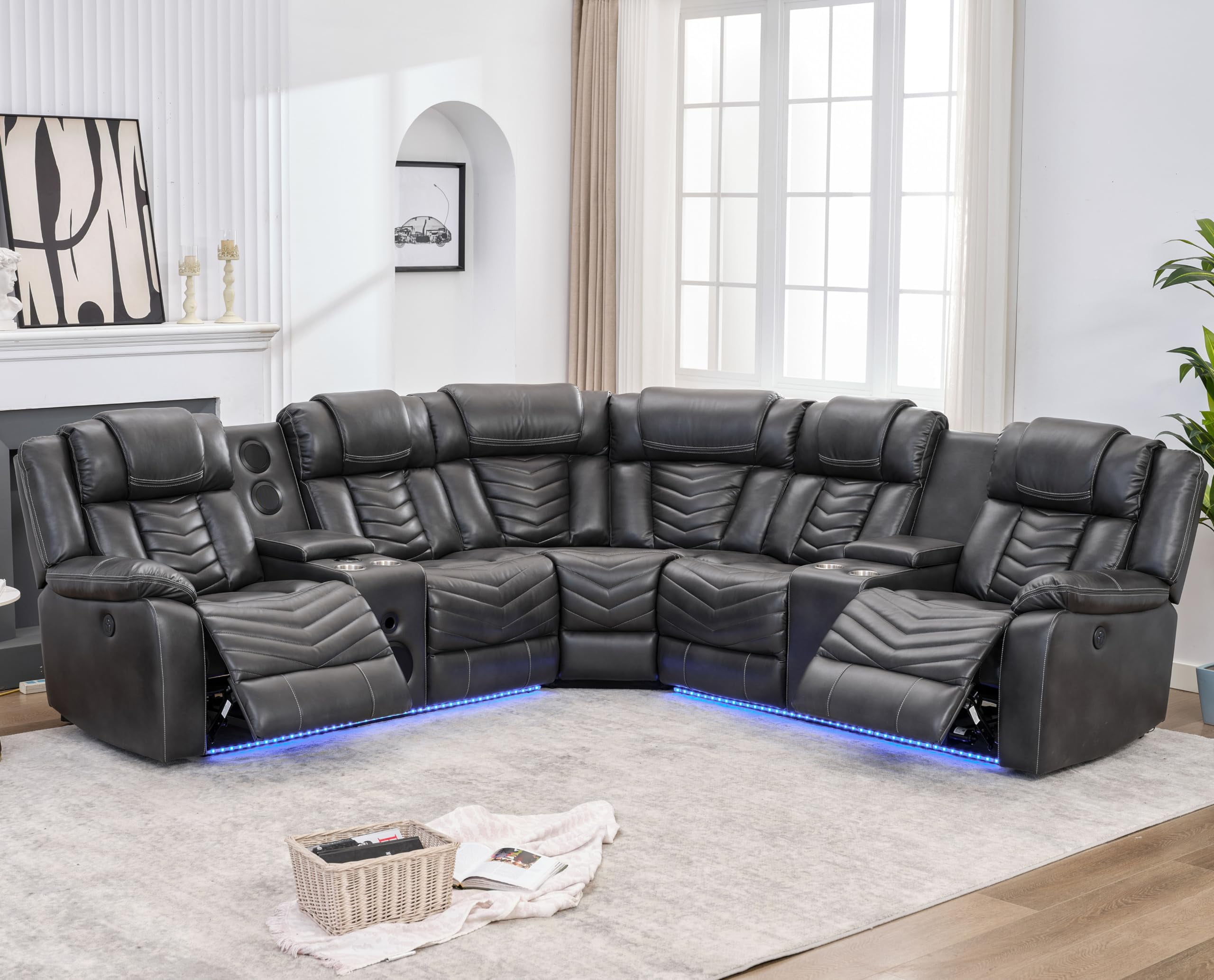 OTHNIEL Power Reclining Sectional Couch with Bass Speaker Ambient Light USB Port Cup Holder Gray Walmart