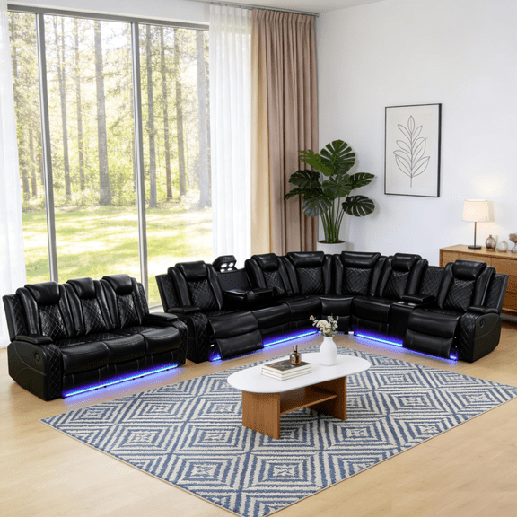Power Reclining Sectional Couch for Living Room - 4-Seat Power Recliner Sofa, Faux Leather Sectional Recliner, Living Room Sofa Set with LED, USB Ports, Cup Holders, Storage, 500 lb/Seat, Black