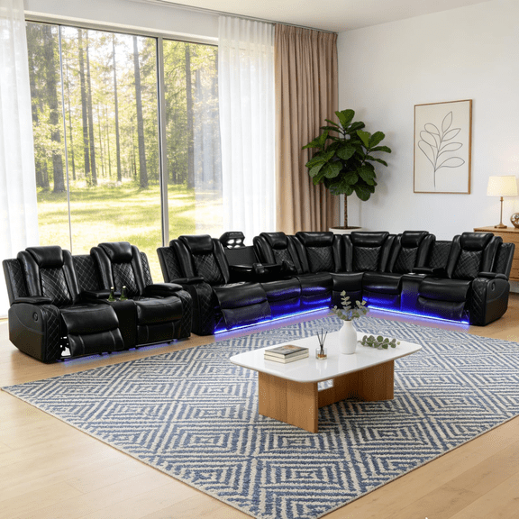 Power Reclining Sectional Couch for Living Room - Seats 8 People, Faux Leather Sectional Recliner Living Room Sofa Set with 4 Power Recliners, LED, USB Ports, Cup Holders, Storage, 500 lb/Seat, Black