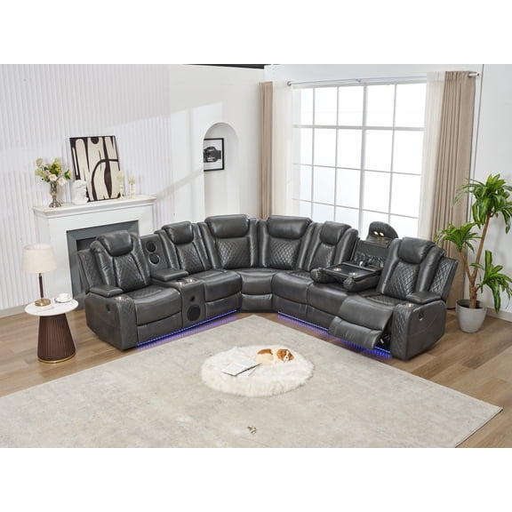 ELIASER Power Reclining Sectional Recliner L-Shaped Faux Leather Reclining and LED Light Sectional Sofas with USB Port and Cup Holder, Gray
