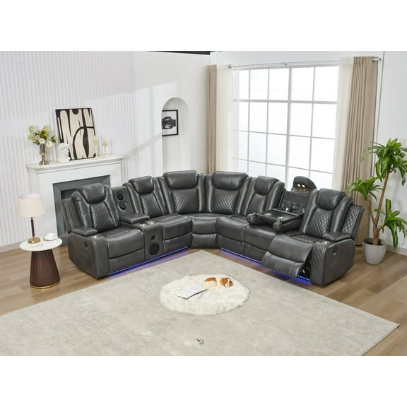 Power Reclining Sectional Recliner With Bass Speaker LED Light, Faux Leather Reclining Sectional Couch Sofa Electric L-Shape Sectional Recliner USB Port, Cup Holder, Storage Console For Living Room