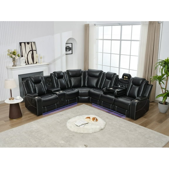 ELIASER Power Reclining Sectional Recliner with Bass Speaker LED Light, Cup Holder, Storage Console, Black Faux Leather Sectional Sofa