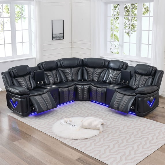 Power Reclining Sectional Recliner With Charging, Fabric Reclining Sectional Couch Sofa Electric Sectional Recliner USB Port, Cup Holder, Storage Console For Living Room