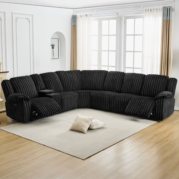 Power Reclining Sectional Recliner With Wireless Charging, Faux Fur Reclining Sectional Couch Sofa Electric Sectional Recliner USB Port, Cup Holder, Storage Console For Living Room