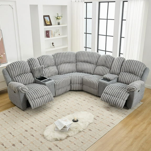 Power Reclining Sectional Recliner With Wireless Charging, Faux Fur Reclining Sectional Couch Sofa Electric Sectional Recliner USB Port, Cup Holder, Storage Console For Living Room