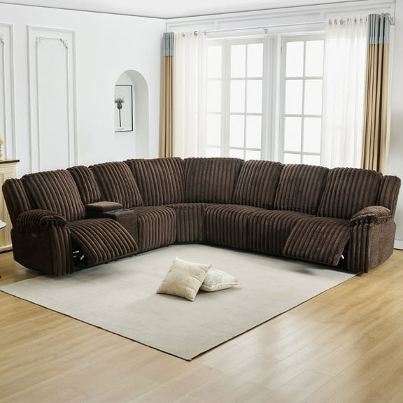 Power Reclining Sectional Recliner With Wireless Charging, Faux Fur Reclining Sectional Couch Sofa Electric Sectional Recliner USB Port, Cup Holder, Storage Console For Living Room