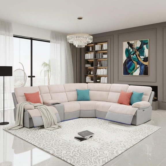 Power Reclining Sectional Sofa, 5 Seat Sectional Couch with Recliners, Soft Corduroy & Breathing Leather Sectional with 2 Recliners,USB Charging Ports,LED Light Strip, Living Room Furniture Set