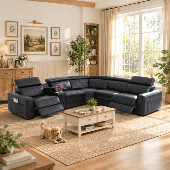 Power Reclining Sectional Sofa with Bass Speakers, L-Shaped Leather Recliner Couch, USB Ports, Cup Holders & Storage Console, Luxury Living Room Furniture Set for Home, Office & Apartment
