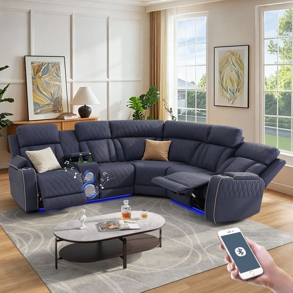 Power Reclining Sectional Sofa, L-Shaped Electric Recliner for Living Room, Sandy Leather Sectional, 5-Seater Living Room Couch Set with Storage Console/USB Port/Cup Holders (Blueish Grey)
