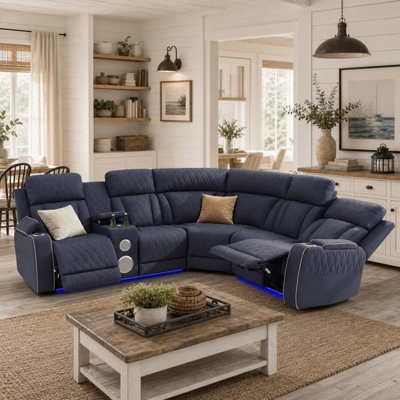 Power Reclining Sectional Sofa, L-Shaped Electric Recliner for Living Room, Sandy Leather Sectional, 5-Seater Living Room Couch Set with Storage Console/USB Port/Cup Holders (Blueish Grey)