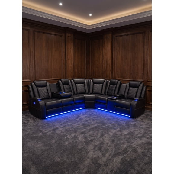 Power Reclining Sectional Sofa with LED Lights, Reading Light, Drop Down Table & USB Port, Genuine Leather Living Room Set for Home Theater (Black) Assembly Service Included