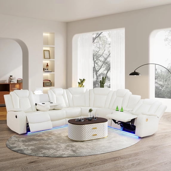 Power Reclining Sectional Sofa, Living Room Furniture Set with USB Chargers and Storage Console, Leather Recliner Sofa for Living Room/Apartment/Office/Home Theather (Creamy White)