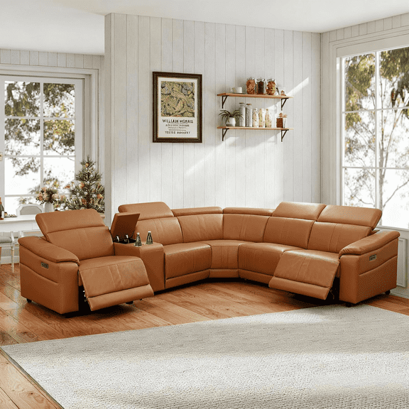 Power Reclining Sectional Sofa for Living Room - Leather Recliner with Console, Cup Holders & USB Ports for Family Movie Nights, Guests, and Everyday Comfort