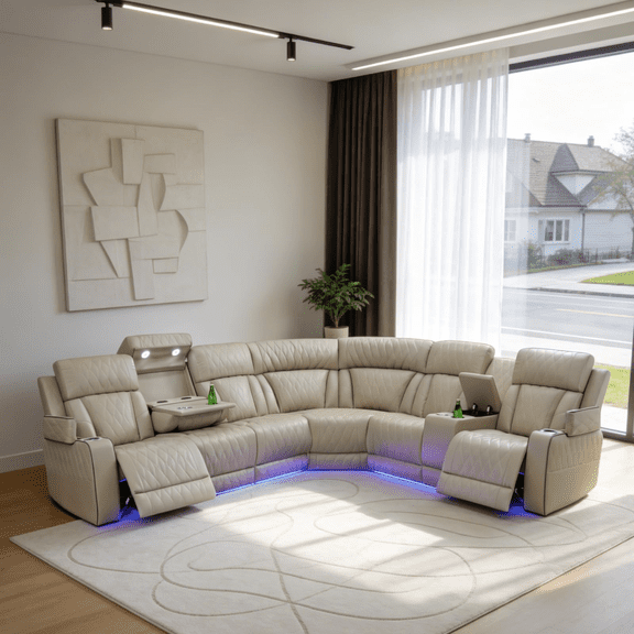 Power Reclining Sectional Sofa for Living Room - Reclining Couch with Console, Cup Holders, USB Ports and LED Lights, L-Shaped Home Theater Seating Set