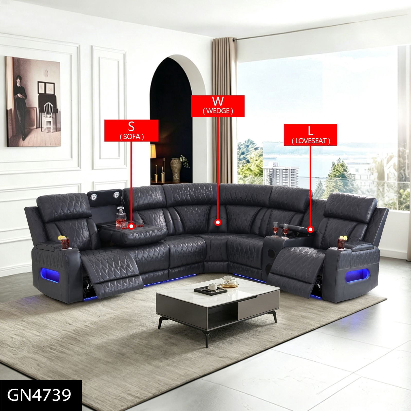 Power Reclining Sectional Sofa Set, 5 Seat L-Shaped Recliner Couch with USB Charging with Cup Holders and Storage for Living Room, Home, Theater Seating, House, Apartment