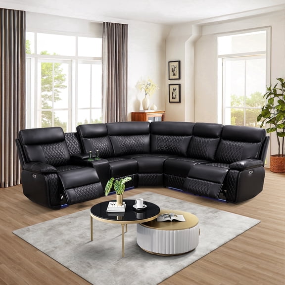 Power Reclining Sectional Sofa Set w/ 2 Recliners, L-Shaped Breathing Leather Recliner Couch with LED Lights, Storage Console, Cup Holders and USB Charging, Black