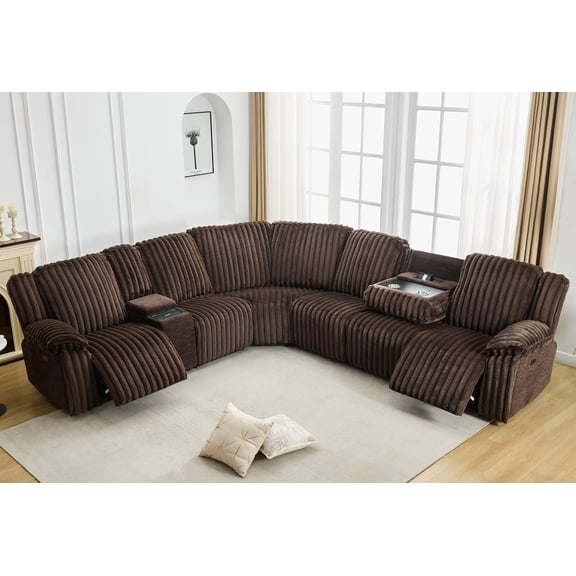 Power Reclining Sectional Sofa with Wireless Charger,6-Seater Faux Fur Sectional with Recliners,Hidden Cup Holders,Storage Console,USB & Type-C Ports,Brown