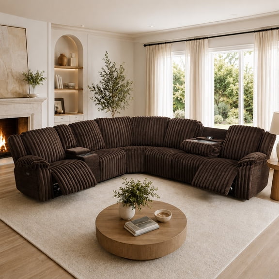 Power Reclining Sectional Sofa with Wireless Charger,6-Seater Faux Fur Sectional with Recliners,Hidden Cup Holders,Storage Console,USB & Type-C Ports,Brown