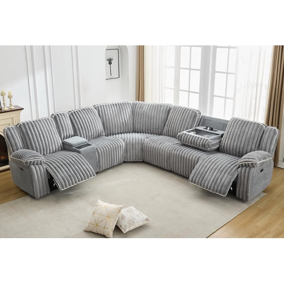 Power Reclining Sectional Sofa with Wireless Charger,6-Seater Faux Fur Sectional with Recliners,Hidden Cup Holders,Storage Console,USB & Type-C Ports,Grey