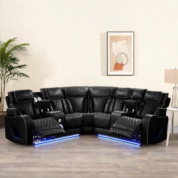Power Reclining Sectional for Home Theater, Deep Black Faux Leather, 194 W with Massage, Bluetooth, LED