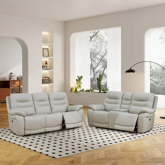 Power Reclining Sofa Set, Genuine Leather Recliner Sofa and Loveseat Set , 2 Pieces Top Grain Leather Sofa with Built in USB Port for Living Room (Light Grey)